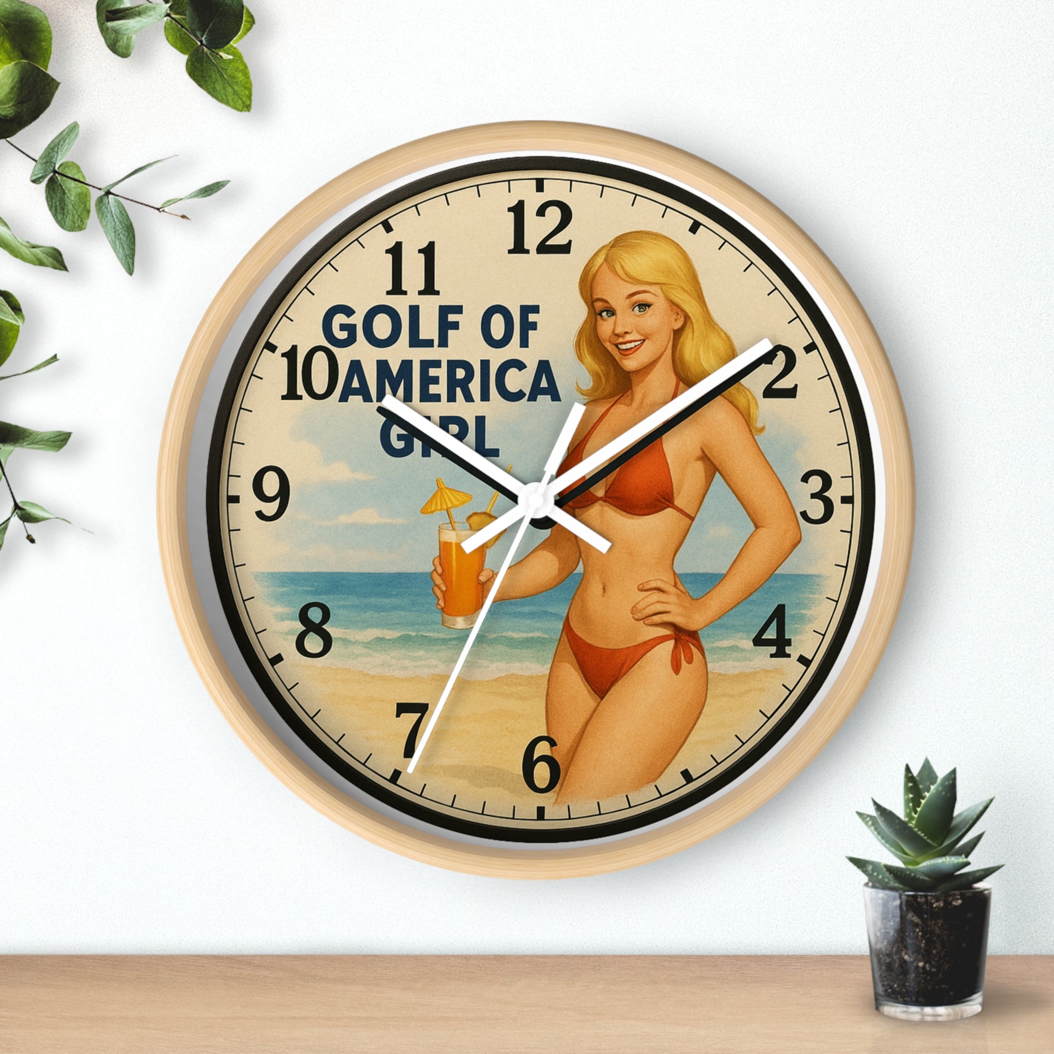 Vintage Beach Pinup Wall Clock — "Gulf of America Girl" Retro Coastal Decor