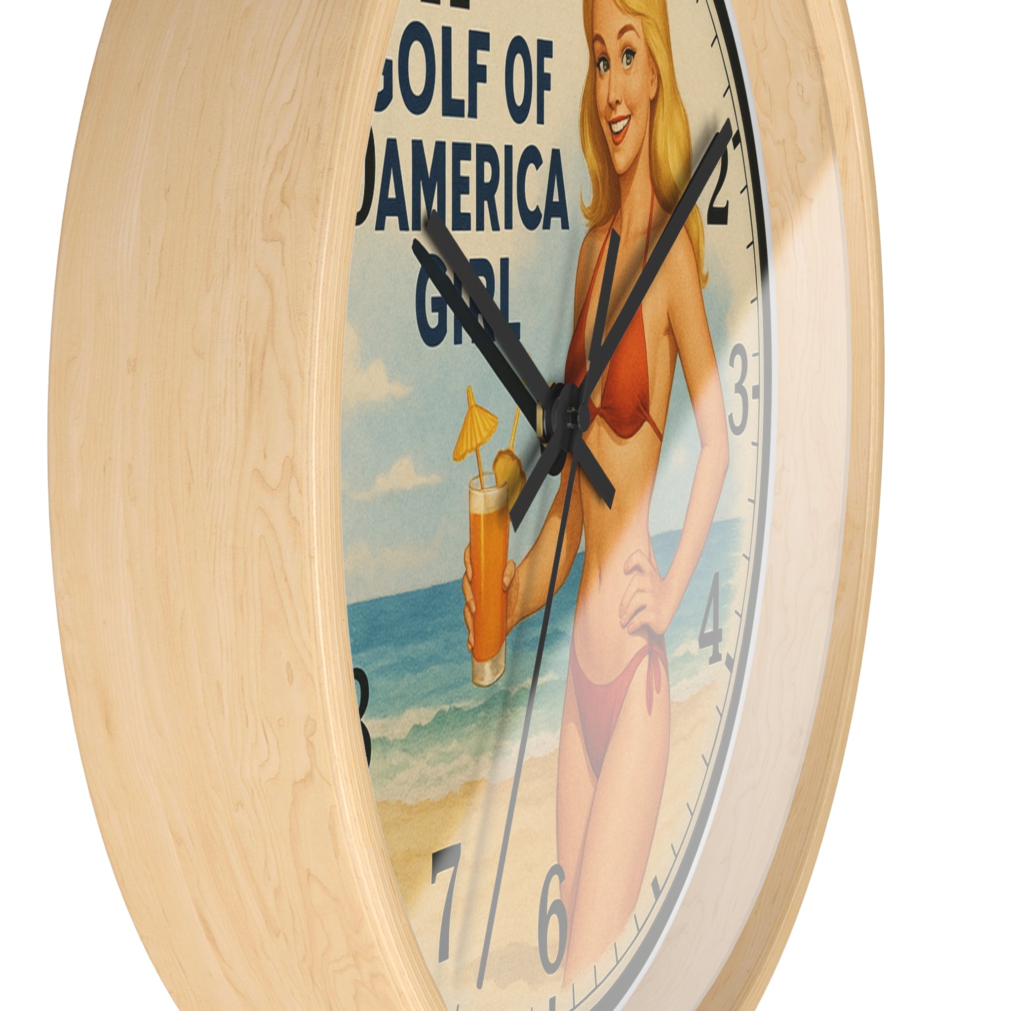 Vintage Beach Pinup Wall Clock — "Gulf of America Girl" Retro Coastal Decor