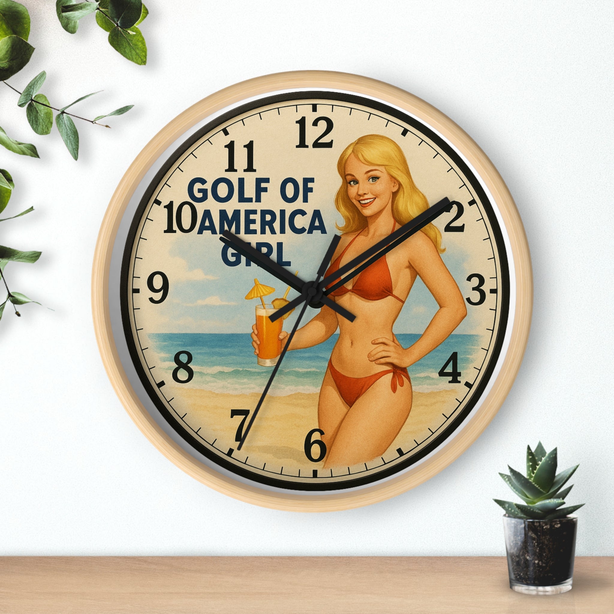 Vintage Beach Pinup Wall Clock — "Gulf of America Girl" Retro Coastal Decor